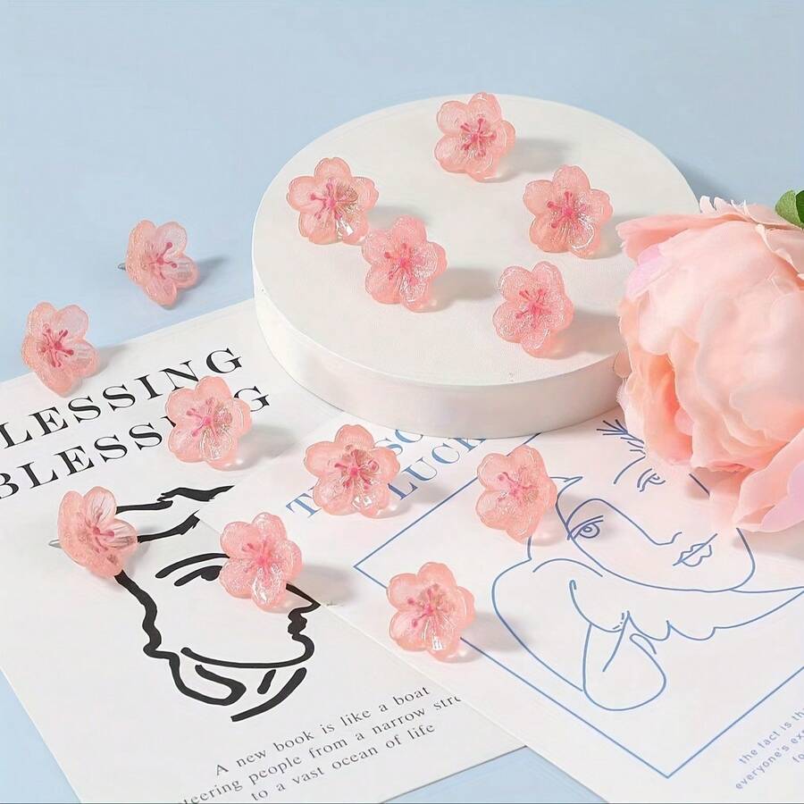 10pcs Pink Cherry Blossom Pattern Push Pins, Decorative ABS Resin Push Pins, Suitable For Photos, Postcards And Notes, Messages, Paper - A - View 1