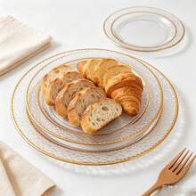50/25/10 Pack 10.25" & 7.5" Clear Hammered Double Gold Rim Round Dinner Plates, Appetizer Dessert Serving Trays, Wedding Party Catering Dinnerware, Halloween Thanksgiving Friendsgiving Fall, Large Capacity Set For Host Guest Entertaining - View 5