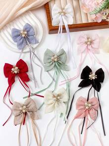 8pcs/Set Women's Multi-Color Pearl Diamond Floral Jacquard Ribbon Textured Fabric Bow Hair Clips, Side Bang Clips, Minimalist Bang Clips, Sweet Versatile Hair Accessories, Bird Beak Side Clips, Hair Ornaments, Suitable For Daily Wear - Multicolor - View 5