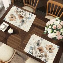 1/4/6pcs Autumn Series Ink Wash Light Brown Floral Pattern Printed Placemats, Heat Resistant Table Mat For Home Kitchen/Kitchen Table Protection, Party Scene Decoration - Multicolor - View 6