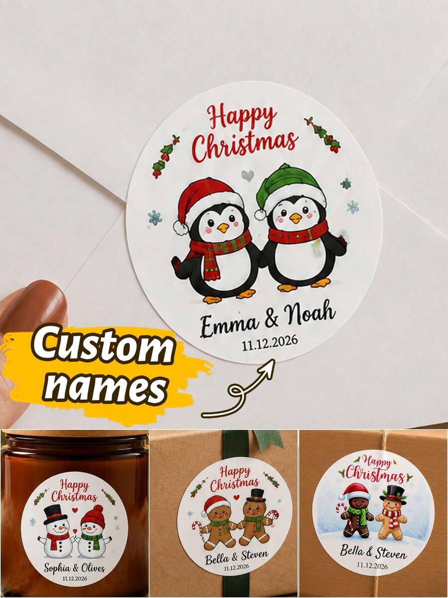 35-350pcs Custom Christmas Couple Name Stickers, Personalized Round Holiday Gift Labels, Festive Gingerbread Reindeer Santa Style, Customized Christmas Gift Stickers, Customizable Name Seals, Gift Wrapping Decor, Holiday Party Favors, Family - Multicolor - View 1