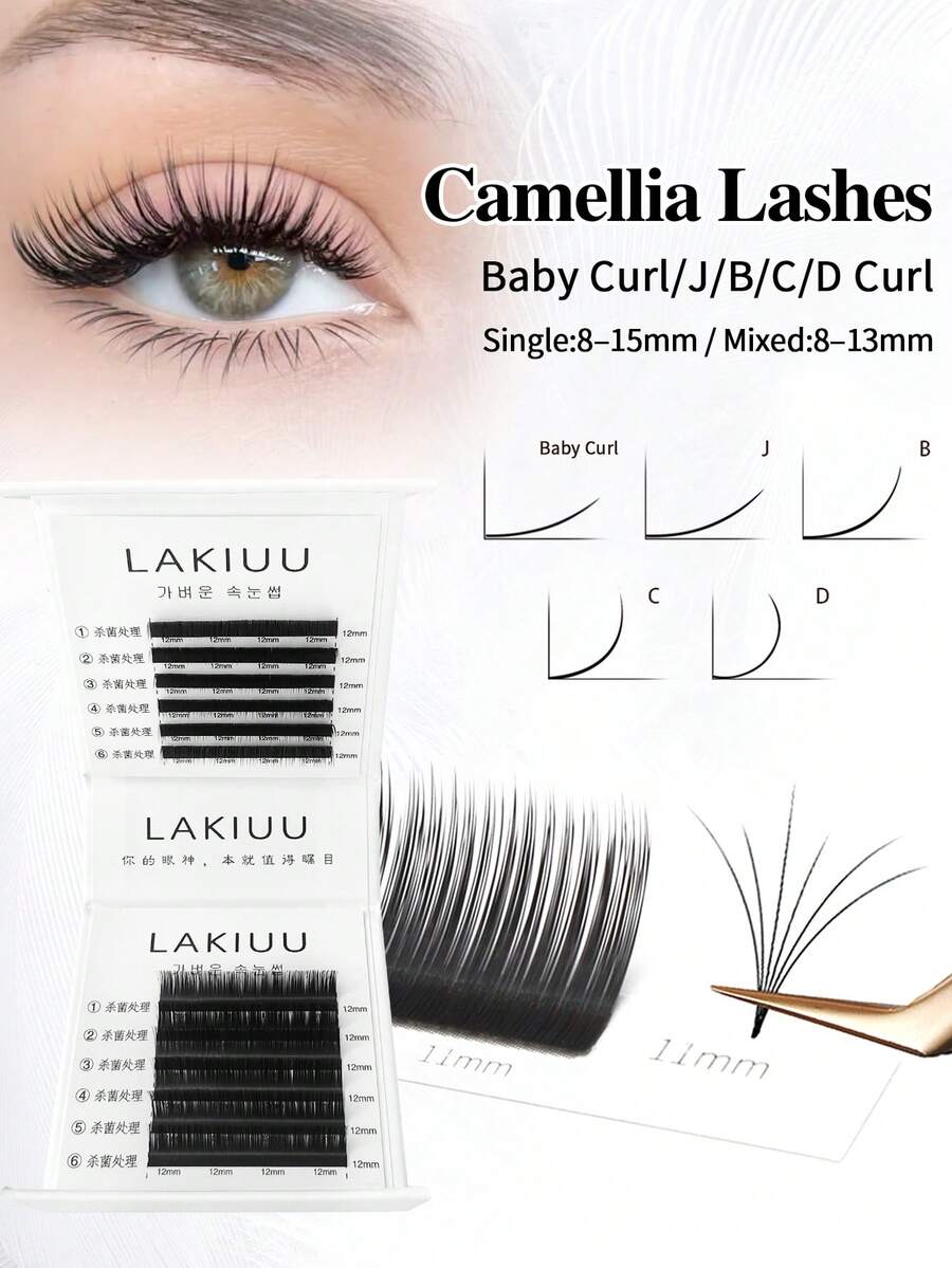 LAKIUU 12 Rows J B C D I Camellia Eyelash Extensions Flower Eyelashes Faux Mink Soft Volume Pre-Made Fan Lashes Japanese And Korean Eyelash