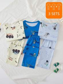 3 Sets Boys Pajama Set Long Sleeve Long Pants Cartoon Print Spring Autumn Home Wear All-Over Print - Multicolor - View 1