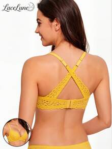 Women's Yellow Lace Push Up Bra Padded Molded Cups Convertible Cross Back Sexy Deep V Bralette Lingerie - Yellow - View 2