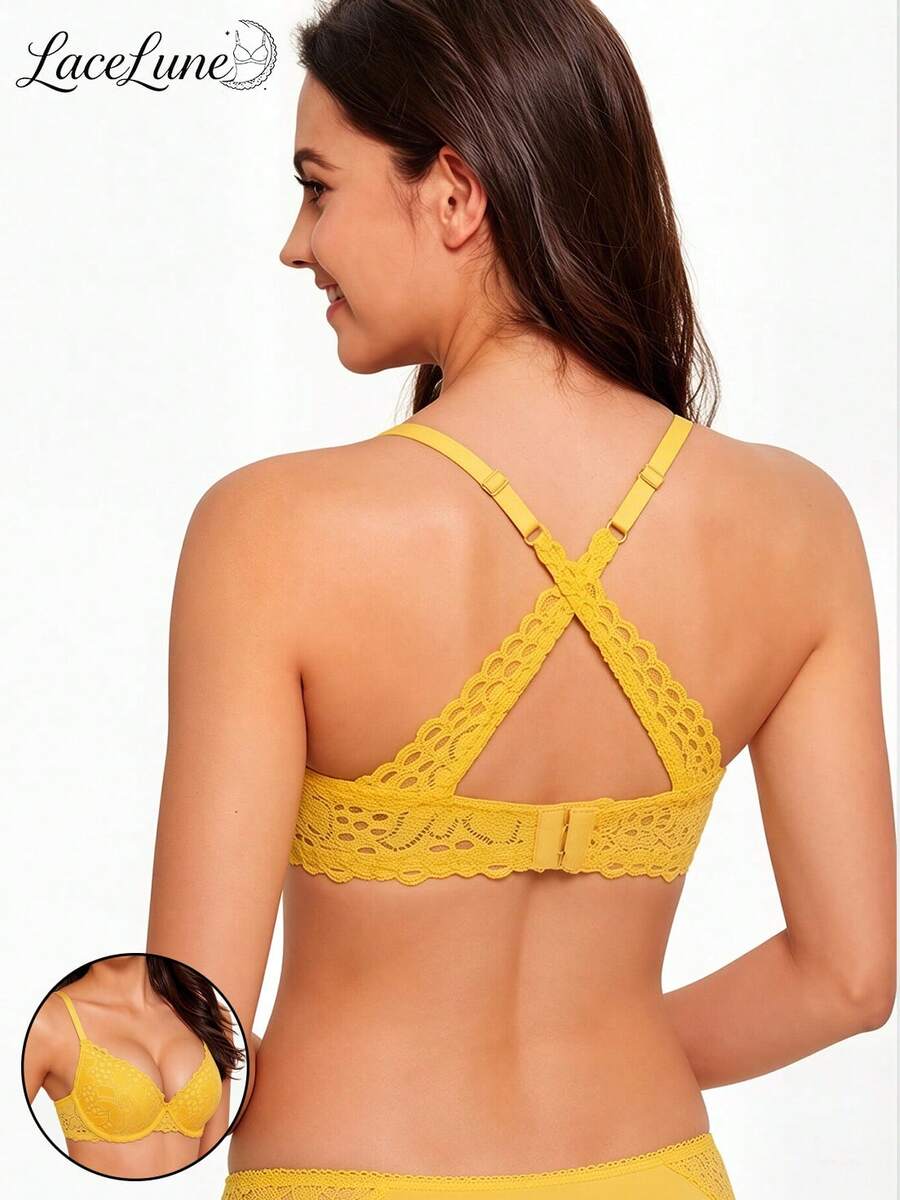 Women's Yellow Lace Push Up Bra Padded Molded Cups Convertible Cross Back Sexy Deep V Bralette Lingerie