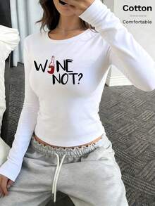 Women's Casual White 'Wine Not?' Graphic Long Sleeve T-Shirt; Soft Cotton Round Neck Top For Fall, Medium Stretch For A Bodycon Fit - White - View 2