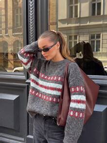 Women's Round Neck Jacquard Knit Sweater, Soft Long Sleeve Top, Suitable For Christmas, Halloween, Thanksgiving And Daily Wear - Grey - View 5
