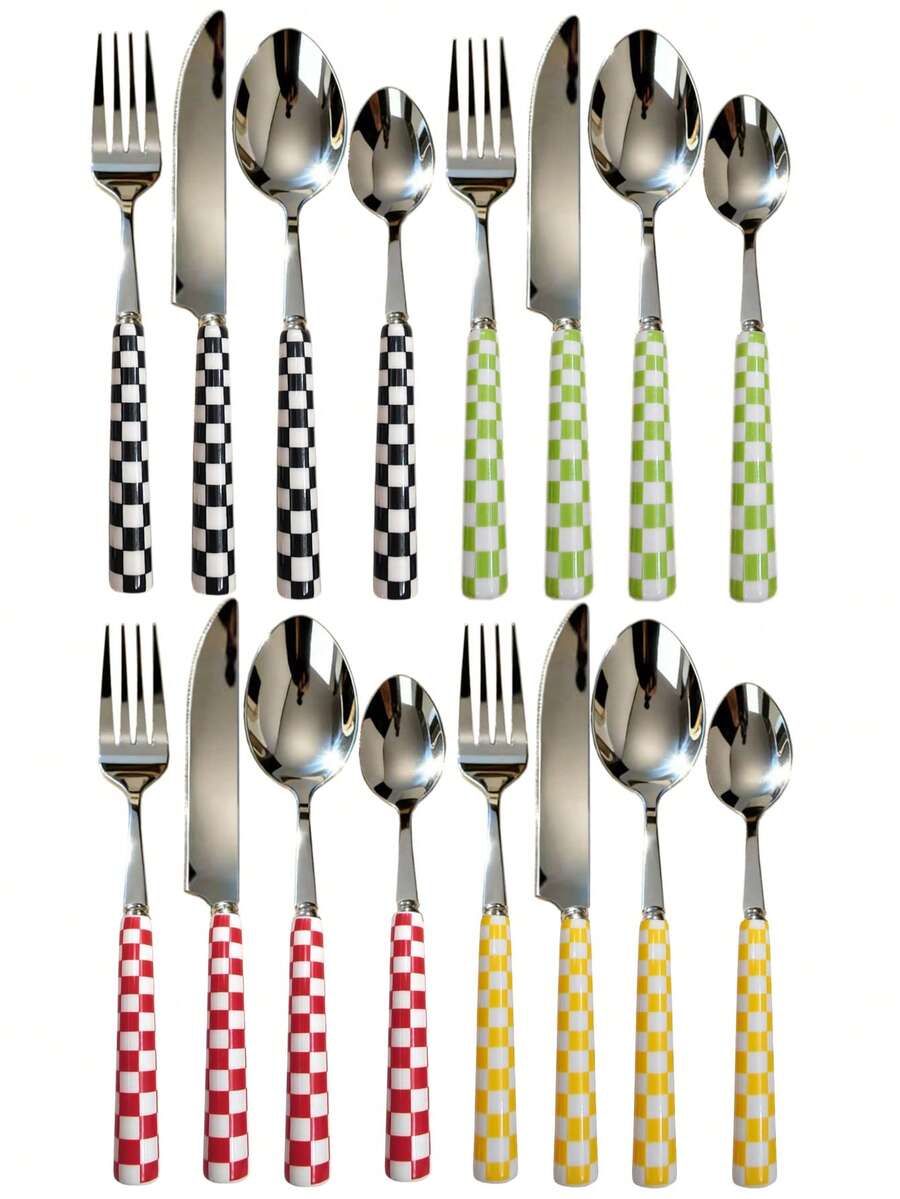 4/24pcs Unique Checkered Pattern Stainless Steel Tableware Set, Beautiful And Elegant Porcelain, Multiple Colors, Including Ceramic Handle Silverware, Creative Kitchen, Including Forks, Table Knife, Spoons, Dessert Spoon, Suitable For Daily Dining