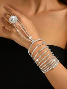 Luxury Heavy-Duty Multi-Layer Sparkling Bracelet Ring Connected Hand Jewelry, Suitable For Various Occasions Party, Wedding Bridal Banquet Ball Accessories - Multicolor - View 4