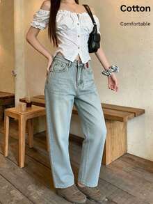 Women's All-Season Lightweight Wide Leg Jeans - Red Embroidered Back Pockets - Slimming Versatile Straight Leg Pants - Light Denim Blue - View 5