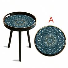 Bohemian Round Side Table,Plastic With Handles,Blue Maze Pattern Side Table,Modern Vanity And Serving For Ottoman,Coffee Table,Kitchen And Bathroom,Small Home Furniture,For Living Room,Bedroom,Balcony,Ideal Holiday Housewarming Gift - Black - View 11