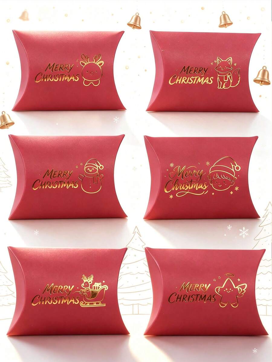 12PCS/Christmas Pillow Gift Boxes, Red Paper Candy Treat Boxes With Gold Foil Stamping, 4.33*2.76 Inch Merry Christmas Cartoon Favor Boxes For Holiday Party Gift Packaging - View 1