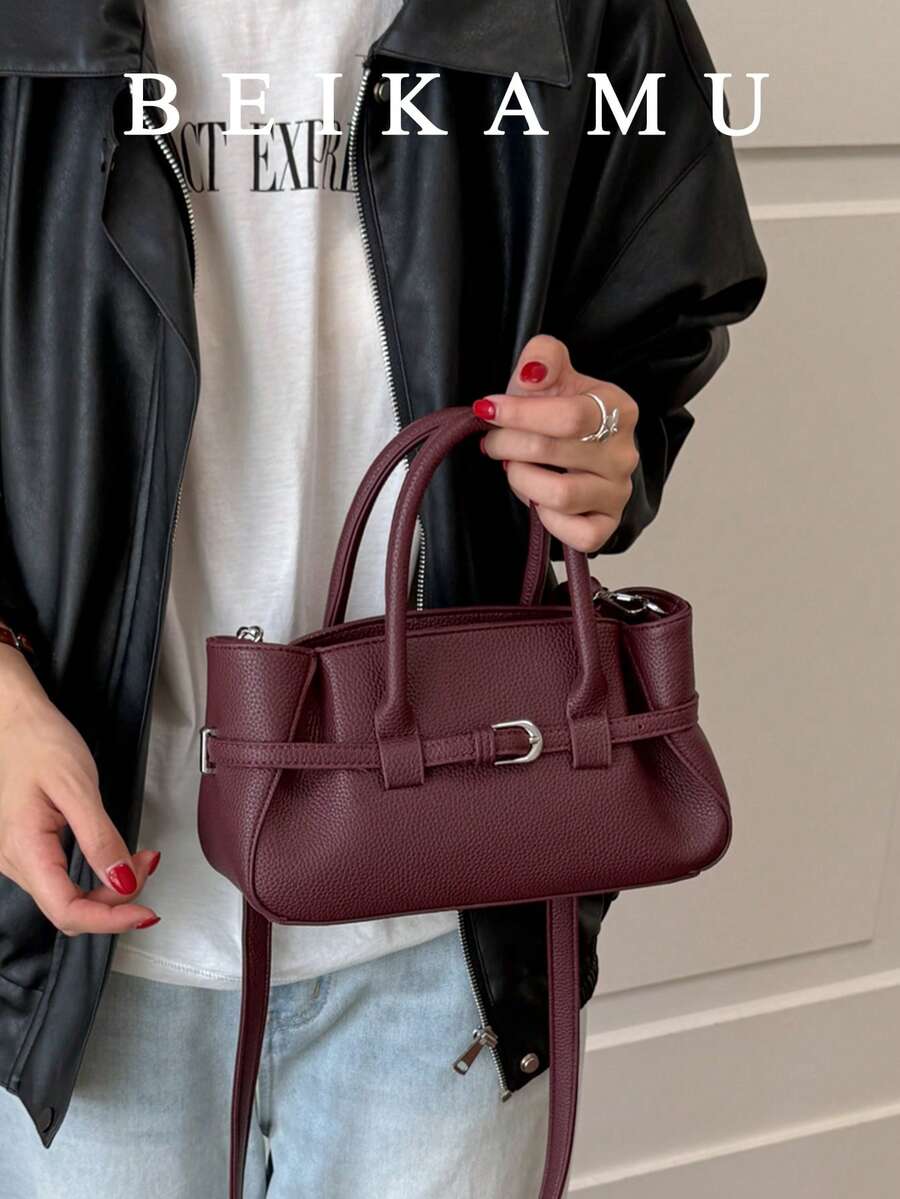 1 buah Tas Tangan Motif Leci Warna Solid Terbaru, Tali Bahu Berkerut, Tali Bahu yang Dapat Dilepas dan Disesuaikan, Tas Selempang, Cocok untuk Universitas, Perjalanan, Belanja, Jalan-jalan, dan Penggunaan Sehari-hari - Burgundy - View 1