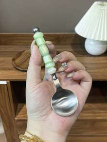 1件/2件 304不鏽鋼創意甜美風珠飾湯匙，下午茶甜點匙、水果叉，適用於餐廳、居家、派對、聚會 - 綠色 - 查看 18