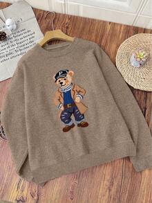 Women's Long Sleeve Crew Neck Sweater With Cute Fashion Bear Print, Perfect For Daily Commute - Earth Gray - View 5