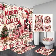 1 pieza/4 piezas Juego de cortina de ducha con decoración de baño vintage rosa de Papá Noel con llamada telefónica multifunción, 12 ganchos gratis, atmósfera festiva premium, alfombra de baño, alfombra de piso en forma de U y tapa de inodoro redonda, adecuado para todas las escenas de decoración navideña - Papá Noel llama por teléfono - Ver 8