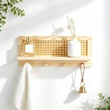 Wooden Wall-Mounted Storage Shelf With Woven Decoration And Hooks - Wooden Shelf, Key Holder With Storage, Wall-Mounted Organizer With 4 Hooks, Suitable For Entryway, Hallway, Kitchen, Office - Rustic Home Decor, Easy To Install, PE Rattan Wall-Mounted Coat Rack With 4 Hooks, Decorative Coat Rack With Floating Shelf, Suitable For Entryway, Living Room, Kitchen, Hallway, Bedroom And Office - Standard - View 11