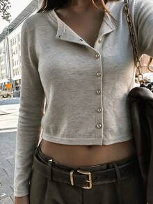 SEREN Cardigan Rajut Kancing Diagonal Warna Oatmeal Musim Gugur/Dingin, Sweater Lengan Panjang Leher Bulat Minimalis Lembut dan Serbaguna, Pakaian Sehari-hari - Yan - View 4