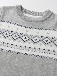 Boys' Knitted Colorblock Plaid Jacquard Crew Neck Pullover Sweater Long Sleeve Autumn Winter - Grey - View 5
