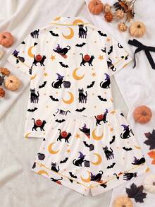 [Halloween]2-Piece Women's Pajama Set, Halloween Cat Print, Women's Loungewear, Spring/Summer Holiday Outfit, Short Sleeve Top And Shorts Set - Apricot - View 2
