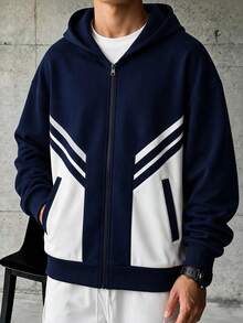 1pc Tween Boys Casual Minimalist Contrast Color Fleece Jacket, Suitable For Daily Casual, Travel, Sports, Spring/Autumn/Winter - Navy Blue - View 6