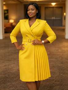 Women's Elegant Dress, Waist-Cinched Patchwork Solid Color Waist Decoration, Comfortable And Convenient, Optimizes Body Proportions; Casual Fashion, Fabric Material, Suitable For Spring/Summer And Autumn/Spring, Can Be Worn For Daily Casual, Vacation Commute, Workplace Office, Also Suitable For Dating, Party Dress, Tea Party, Wedding, Banquet, Outing Dress, Cream Yellow Dress, Formal Dress - Yellow - View 2