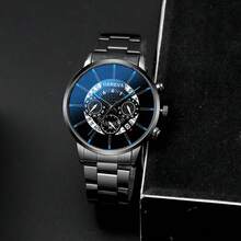 1pc Men's Business Steel Band Quartz Watch, Versatile Round Alloy Dial, Suitable For Business, Casual, Holiday Wear, Best Gift For Men - Black - View 4