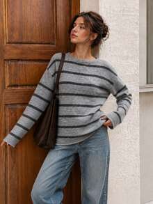 Women's Cozy Grey Knitted V-Neck Sweater With Drop Shoulder Long Sleeves, Perfect For Fall & Winter Daily Wear - Light Grey - View 6
