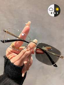 1 Pair Y2K Style Square Frame Photochromic Glasses, Unisex, Transparent Lens Computer Glasses, Fashionable Women's Accessory, Comes With Glasses Case And Cleaning Cloth - Multicolor - View 17