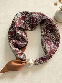 Paisley 1PC Premium Large Pearl (2.5CM Diameter) Magnetic Clasp Necklace Scarf Neck Ring Scarf, Vintage Slouchy-Style Printed Scarf Necklace, Lightweight Versatile Accessory For Spring/Summer, Shirt Professional Decoration Thin Scarf Fake Collar, Gift - Multicolor - View 5