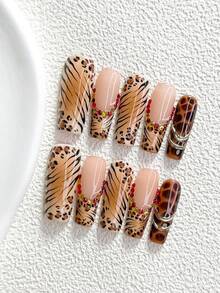 10pcs Kuku Tempel Buatan Tangan Motif Leopard, Set Seni Kuku Polygel, Motif Leopard, Rhinestone Warna-warni, Skema Warna Cokelat & Hitam, Gaya Keren, Termasuk Alat Kuku, Tersedia 3 Ukuran, Bentuk Almond/Bebek/Peti, Cocok Untuk Pesta, Dansa, dan Pemakaian Sehari-hari - MultiWarna - View 17