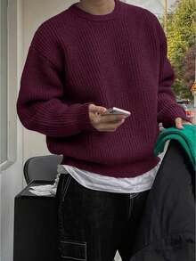 Lightweight Casual Textured Knit Sweater, Minimalist Design, Loose Fit Crew Neck Pullover For Unisex, Suitable For Autumn/Winter - Burgundy - View 2