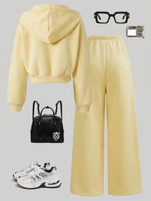 Tween Girls Autumn/Winter Casual Sports Set, Plaid Lining Hooded Zip-Up Light Yellow Thermal Lined Thick Sweatshirt Jacket With Loose Sweatpants, Pony Print Warm Set - Yellow - View 7