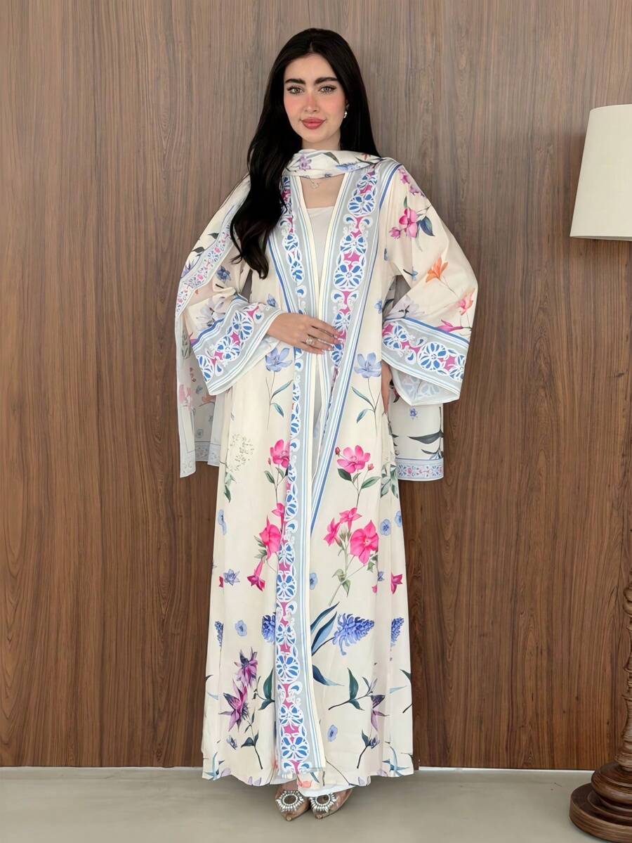 2pcs Set Hijab + Open Abaya, Dubai Islamic Muslim Modest Vintage Polka Dot Pattern Lace Trim Hijab For Women Daily Wear - Multicolor - View 1