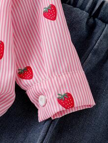 Baby Girl Spring/Autumn Strawberry Theme 2pcs Outfit Set, Pink & White Striped Long Sleeve Collared Single-Breasted Strawberry Print Shirt + Washed Gradient Frayed Hem Straight Leg Denim Jeans, Casual Outing Set - Pink - View 7