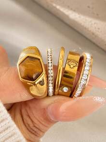 5pcs/Set Women's Premium Stackable Geometric Natural Stone Ring Set, Daily Commute, Halloween/Christmas Gift For Friends And Family - Gold - View 13