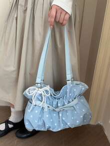 Tote Bag With Fresh Polka Dot Print, Textured Pleated Body, Pearl Lace Bow Pendant, Belt Buckle Gathered Design, Ruffle Hem, Suitable For Carrying Small Personal Items, Ideal For Daily Work, Commute, Campus, Short Trips - Blue - View 5
