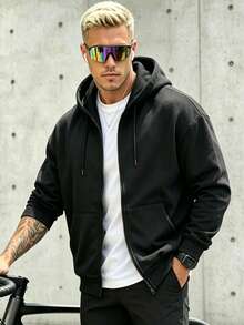 Men's Casual Black Cargo Zip-Up Hoodie With Drawstring Hood And Kangaroo Pocket, Soft Fabric - Black - View 3