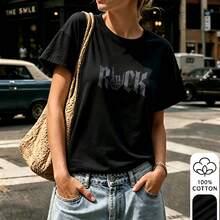 Women Cotton T‑Shirt, Modern Retro Style, Edgy Rock‑N‑Roll Skeleton Hand Motif, Daily & Weekend Wear, Summer Casual Street Apparel - Black - View 2