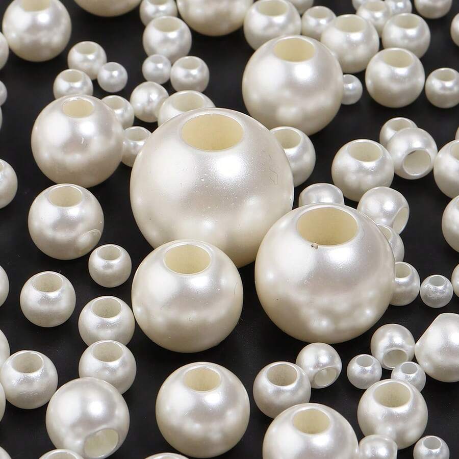 5-300顆乳白色ABS仿珍珠大孔珠 DIY手機鍊項鍊手鍊製作裝飾散珠 6-30mm