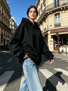 Women's Loose Black Sweatshirt, Regular Length Long Sleeve Sweatshirt, Casual Street Style, Suitable For Plus Size Women, Autumn Wear, Versatile For Various Occasions - Black - View 3