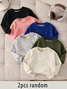 Young Girls Solid Fleece Lined Crew Neck Sweatshirt, 2Pcs Random Color Mystery Pack Long Sleeve Pullover - Multicolor - View 1