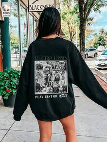 Oversized Women's Sweatshirt For Autumn/Winter, Casual Daily Wear, Long Sleeve Hoodie, Outerwear Top, Y2K, Letter Slogan Graphic, Unisex, Streetwear - Black - View 1