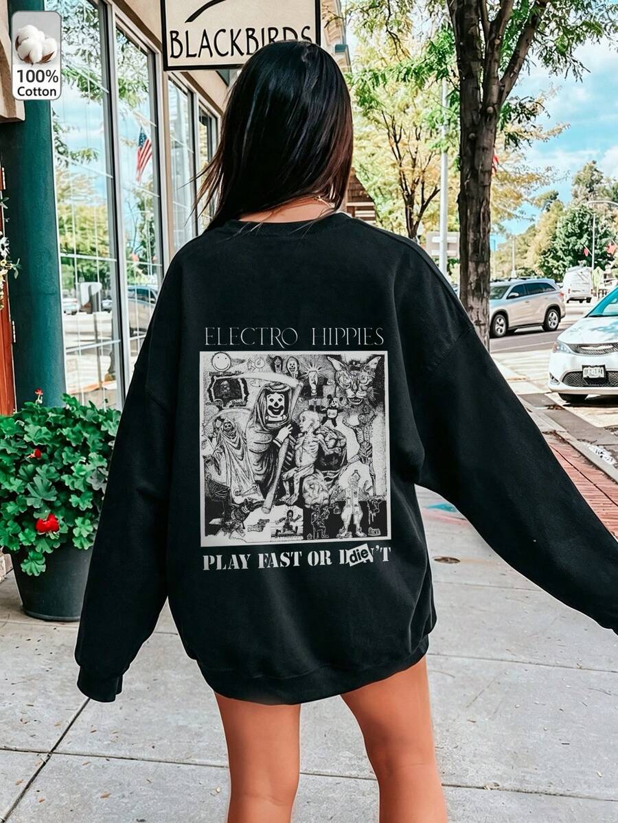 Oversized Women's Sweatshirt For Autumn/Winter, Casual Daily Wear, Long Sleeve Hoodie, Outerwear Top, Y2K, Letter Slogan Graphic, Unisex, Streetwear - Black - View 1