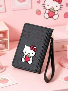 SANRIO Hello Kitty Print PU Leather Slim Card Holder Wallet With Wristband, Multi Slot ID Case & Side Zipper Coin Pocket, Lightweight Mini Clutch For Women - Multicolor - View 3