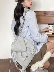 Korean Niche Design Ins Style Fashion Drawstring Bucket Backpack, Large Capacity Travel Backpack For Female College Students, Outdoor Outings - Grey - View 3