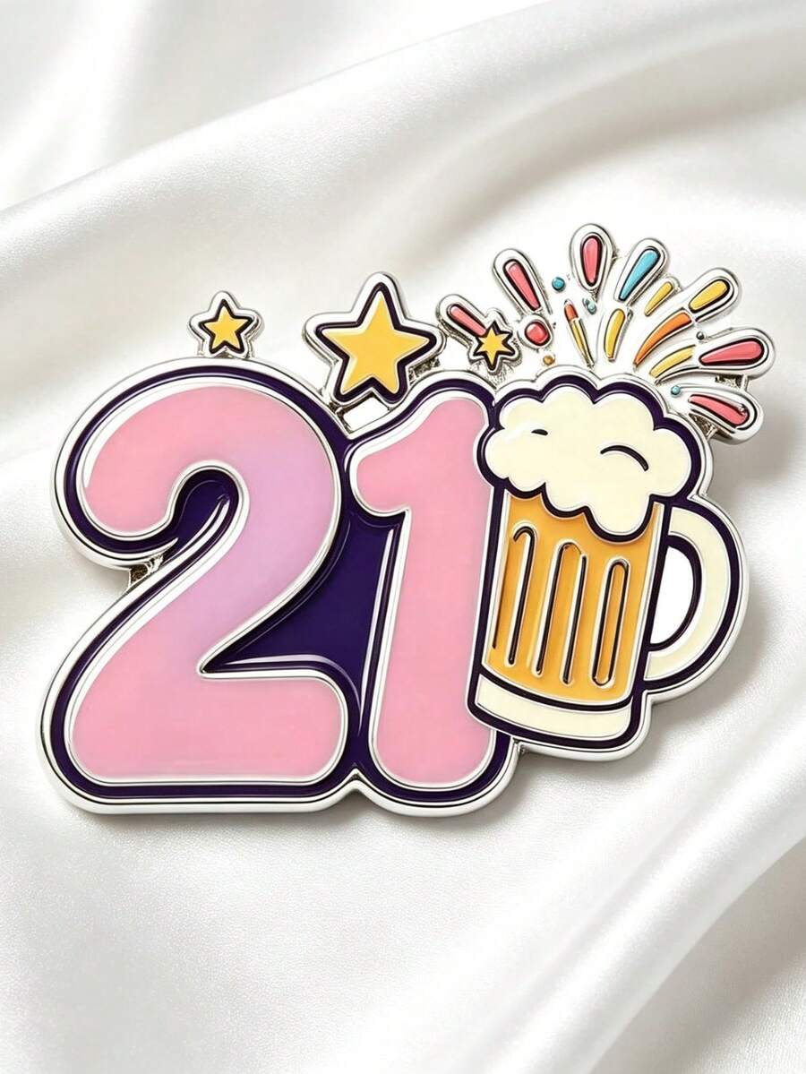 派對風 21 歲生日慶祝胸針,泡沫啤酒杯、煙火與星星圖案,生日派對穿搭配件 - A - 查看 1
