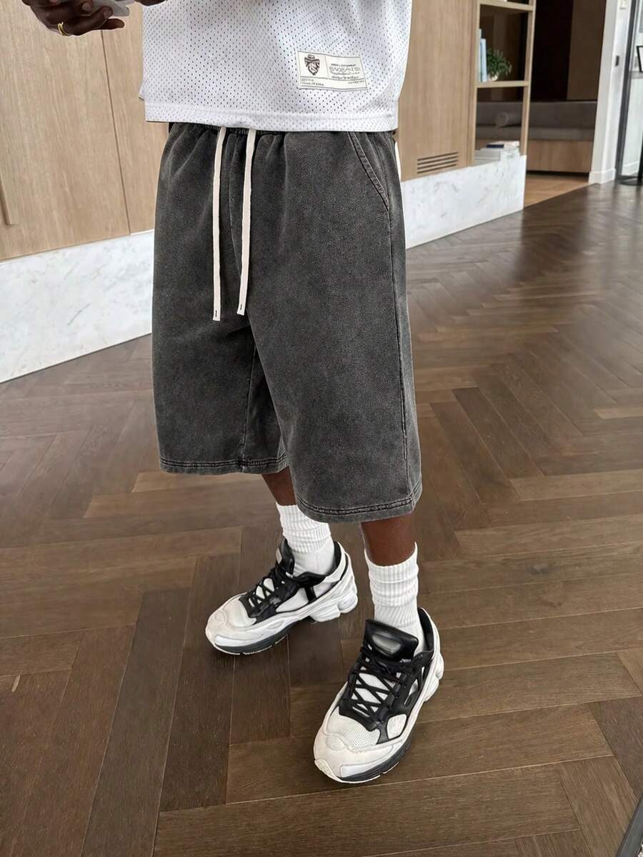 INFLATION Vintage Solid Color Drawstring Waist Washed Casual 7/10 Length Sweatpants Shorts - Black - View 1