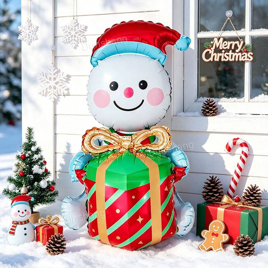 1pc 3D Christmas Snowman Foil Balloon With Santa Hat Holding Gift Box Design, Xmas Holiday Party Decor, Indoor Outdoor Aluminum Balloons Supplies, Festive Photo Backdrop Prop, New Year Celebration Decor - Multi-color - View 1