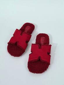 Women's Red Trim Faux Fur Slippers, Vintage Patchwork Design, Autumn/Winter Indoor/Outdoor Fuzzy Slides - Red - View 1